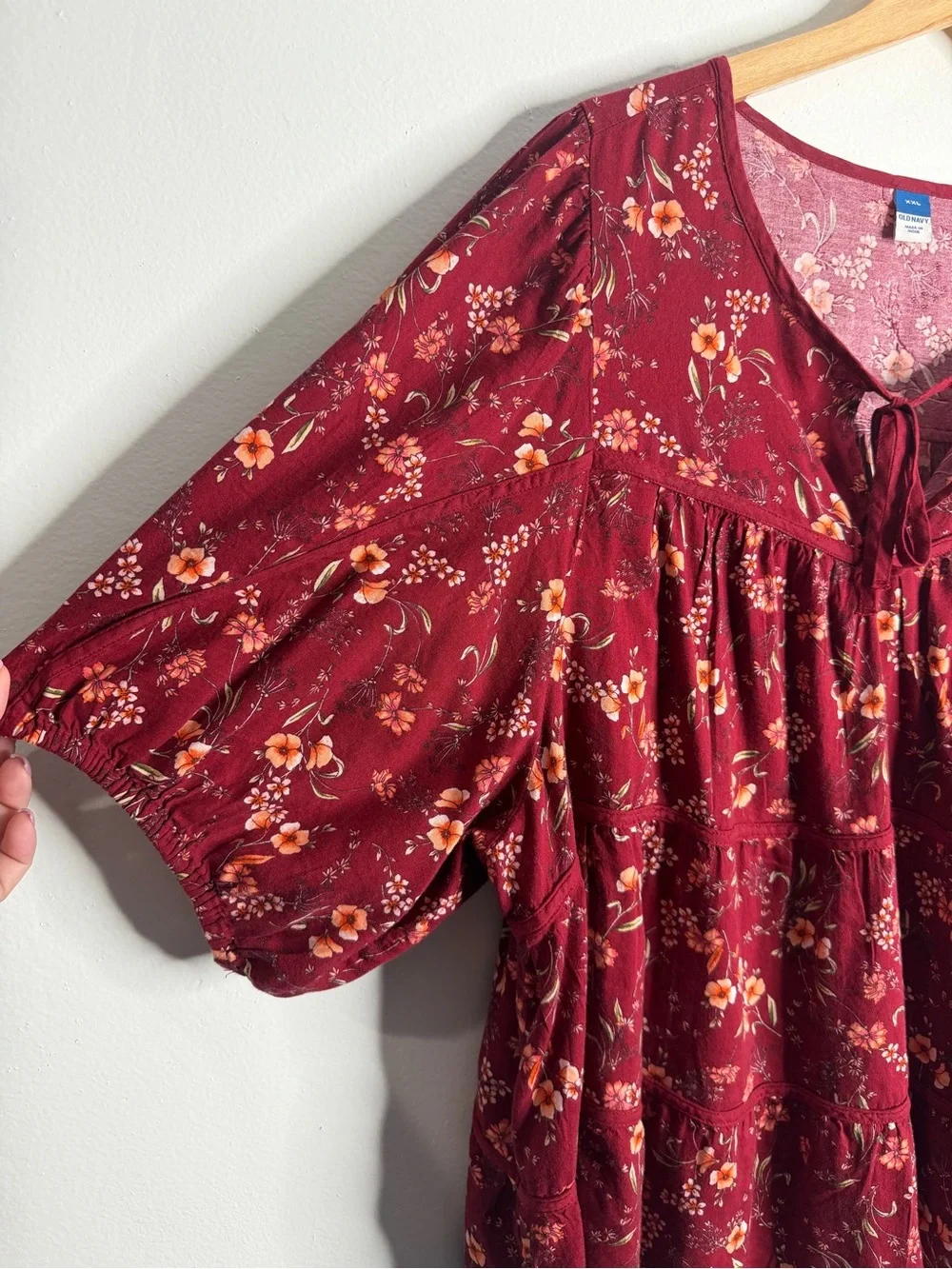 Old Navy Puff-Sleeve Floral Tiered Swing Boho Top Burgundy Floral XXL Flowy